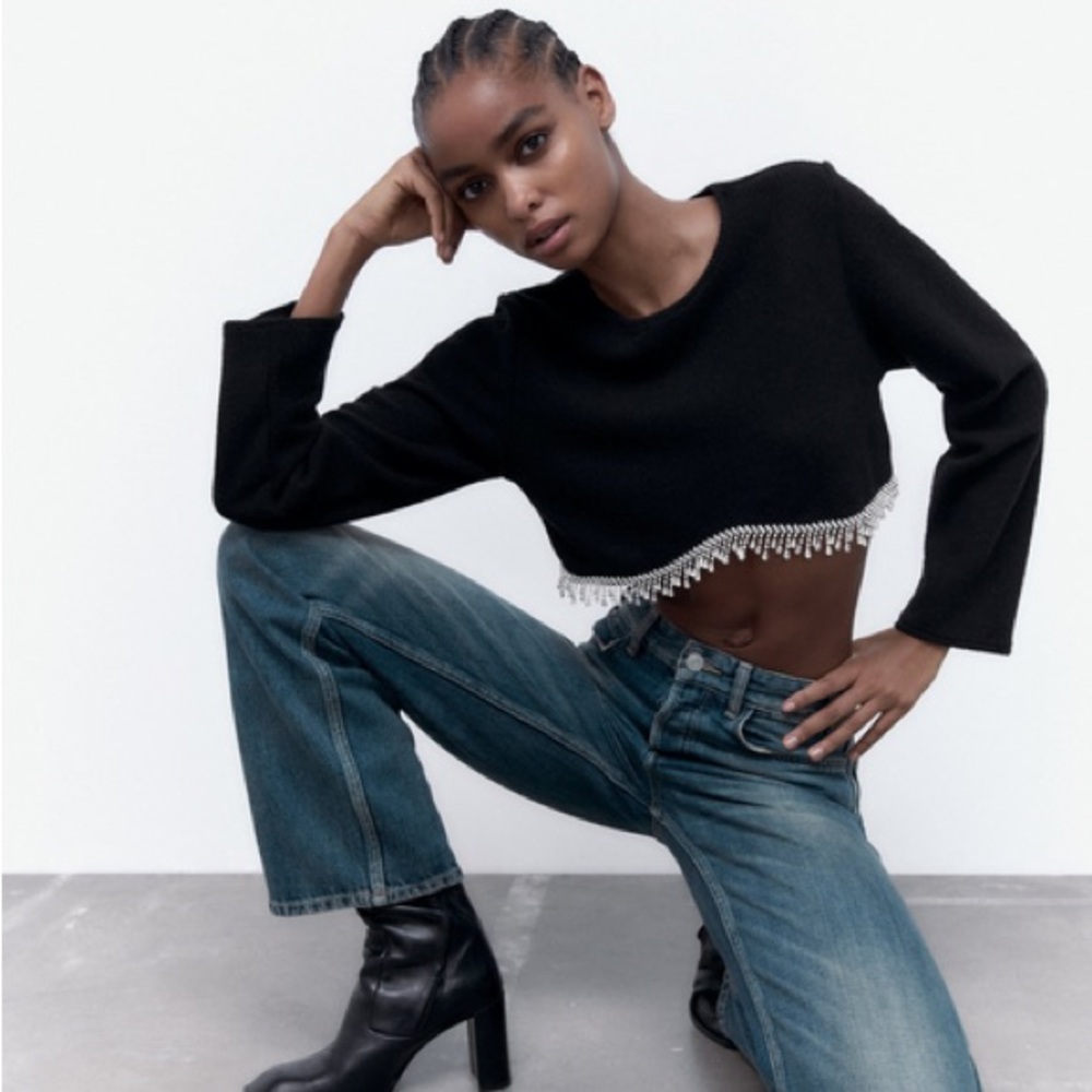 ZARA Rhinestone Ribbed Crop Top - Picture 4 of 10